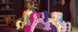 Size: 1920x800 | Tagged: safe, screencap, character:applejack, character:capper dapperpaws, character:fluttershy, character:pinkie pie, character:rainbow dash, character:rarity, character:spike, character:twilight sparkle, character:twilight sparkle (alicorn), species:alicorn, species:anthro, species:digitigrade anthro, species:dragon, species:earth pony, species:pegasus, species:pony, species:unicorn, my little pony: the movie (2017), anthro with ponies, butt, discovery family logo, mane seven, mane six, plot