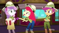 Size: 1280x720 | Tagged: safe, screencap, character:apple bloom, character:scootaloo, character:sweetie belle, species:pegasus, species:pony, episode:the canterlot movie club, eqg summertime shorts, g4, my little pony:equestria girls, belt, bucket, cinema, clothing, crossed arms, cutie mark crusaders, female, food, group, hat, open mouth, popcorn, shorts, skirt, theater, ticket, trio