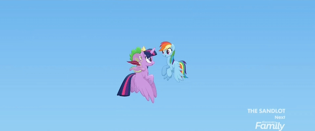 Size: 640x267 | Tagged: safe, screencap, character:fleetfoot, character:high winds, character:rainbow dash, character:silver lining, character:soarin', character:spike, character:spitfire, character:twilight sparkle, character:twilight sparkle (alicorn), species:alicorn, species:dragon, species:pony, my little pony: the movie (2017), animated, clothing, discovery family logo, gif, uniform, we got this together, wonderbolts, wonderbolts uniform