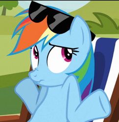 Size: 415x427 | Tagged: safe, screencap, character:rainbow dash, episode:too many pinkie pies, g4, my little pony: friendship is magic, beach chair, scrunchy face, shrug, sunglasses