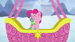 Size: 1280x720 | Tagged: safe, screencap, character:gummy, character:pinkie pie, species:earth pony, species:pony, episode:not asking for trouble, g4, my little pony: friendship is magic, alligator, cute, diapinkes, eyes closed, female, hot air balloon, hug, mare, twinkling balloon