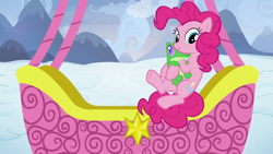 Size: 1280x720 | Tagged: safe, screencap, character:gummy, character:pinkie pie, species:pony, episode:not asking for trouble, g4, my little pony: friendship is magic, hot air balloon, hug, twinkling balloon