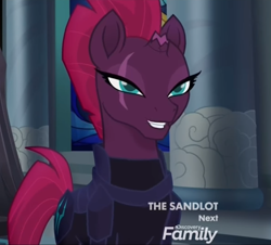 Size: 628x568 | Tagged: safe, screencap, character:tempest shadow, species:pony, my little pony: the movie (2017), armor, beautiful, broken horn, canterlot castle, cracked horn, cropped, eye scar, female, horn, lidded eyes, mare, mohawk, scar, smiling, solo, stupid sexy tempest shadow, when she smiles