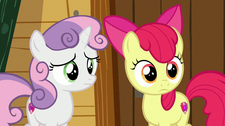 Size: 960x540 | Tagged: safe, screencap, character:apple bloom, character:sweetie belle, episode:marks and recreation, g4, my little pony: friendship is magic, animated, boop, discovery family logo, gif, nose wrinkle, noseboop, talking