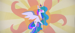 Size: 2131x956 | Tagged: safe, screencap, character:princess celestia, species:alicorn, species:pony, my little pony: the movie (2017), crown, cutie mark, end credits, female, jewelry, mare, multicolored hair, pointy ponies, praise the sun, purple eyes, regalia, royalty, smiling, solo, spread wings, sun, tiara, wings