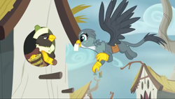 Size: 1920x1080 | Tagged: safe, screencap, character:gabby, species:griffon, episode:the fault in our cutie marks, g4, my little pony: friendship is magic, bucket, flying, gardyloo, griffonstone, letter, mouth hold