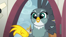 Size: 1920x1080 | Tagged: safe, screencap, character:gabby, species:griffon, episode:the fault in our cutie marks, g4, my little pony: friendship is magic, claw, cute, door, female, gabbybetes, griffonstone, grin, happy, smiling, solo, spread wings, wings