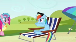 Size: 1365x768 | Tagged: safe, screencap, character:pinkie pie, character:rainbow dash, episode:too many pinkie pies, g4, my little pony: friendship is magic, animation error, beach chair, sunglasses