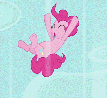 Size: 360x331 | Tagged: safe, screencap, character:pinkie pie, character:rainbow dash, species:earth pony, species:pegasus, species:pony, episode:too many pinkie pies, g4, my little pony: friendship is magic, animated, chubby, confused, eyes closed, falling, female, frown, how, mare, on back, open mouth, pinkie being pinkie, pinkie physics, smiling, speechless, sunglasses, underhoof, upside down, wat, water, wide eyes