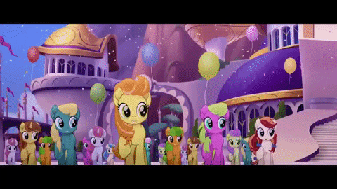 Size: 480x270 | Tagged: safe, screencap, character:amethyst star, character:cantaloupe, character:dawn sunrays, character:linky, character:nougat praliné, character:shoeshine, character:sparkler, species:earth pony, species:pony, species:unicorn, my little pony: the movie (2017), animated, background pony, background pony audience, balloon, canterlot, clones, cornsilk, female, festival of friendship, gif, letterboxing, male, marching, mare, singing, stallion, toadstool blossom, underhoof, unnamed pony, waterfall, we got this together