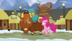 Size: 1280x720 | Tagged: safe, screencap, character:pinkie pie, character:prince rutherford, species:earth pony, species:pony, species:yak, episode:not asking for trouble, g4, my little pony: friendship is magic, cloven hooves, crown, duo, ear piercing, earring, female, horn ring, jewelry, male, nervous, piercing, regalia, snow, yakyakistan