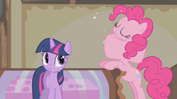 Size: 1280x720 | Tagged: safe, screencap, character:pinkie pie, character:twilight sparkle, episode:swarm of the century, g4, my little pony: friendship is magic, great moments in animation, swallowing, throat bulge, wat