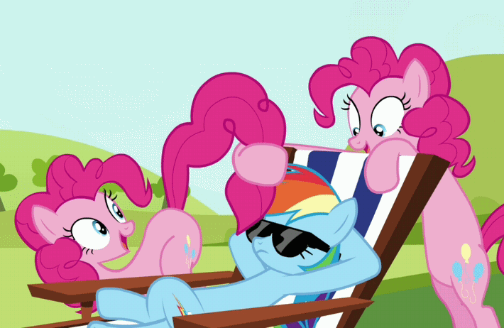 Size: 710x462 | Tagged: safe, screencap, character:pinkie pie, character:rainbow dash, episode:too many pinkie pies, g4, my little pony: friendship is magic, animated, beach chair, clone, cropped, loop, multeity, pinkie clone, sunglasses, tickling, too much pink energy is dangerous