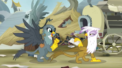 Size: 1920x1080 | Tagged: safe, screencap, character:gabby, character:gilda, species:griffon, episode:the fault in our cutie marks, g4, my little pony: friendship is magic, cart, griffonstone, happy, letter, majestic, spread wings, wings