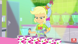 Size: 1280x720 | Tagged: safe, screencap, character:applejack, episode:shake things up!, eqg summertime shorts, g4, my little pony:equestria girls, blender (object), clothing, cup, female, hairnet, hat, smiling, solo, youtube link