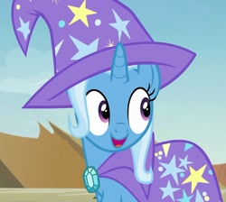 Size: 797x715 | Tagged: safe, screencap, character:trixie, species:pony, species:unicorn, episode:to change a changeling, g4, my little pony: friendship is magic, cape, clothing, cute, diatrixes, female, hat, mare, open mouth, smiling, solo, trixie's cape, trixie's hat