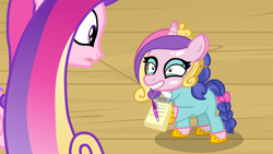 Size: 1920x1080 | Tagged: safe, screencap, character:princess cadance, species:pony, episode:once upon a zeppelin, g4, my little pony: friendship is magic, adoracreepy, autograph, bow, cadance mask, clothing, cosplay, costume, creepy, cute, female, filly, hoof hold, horseshoes, mask, scribble pad, smiling, tail bow