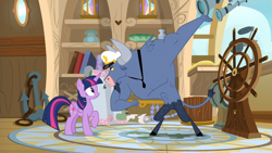 Size: 1920x1080 | Tagged: safe, screencap, character:iron will, character:twilight sparkle, character:twilight sparkle (alicorn), species:alicorn, species:pony, episode:once upon a zeppelin, g4, my little pony: friendship is magic, airship, captain hat, helm, zeppelin