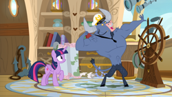 Size: 1920x1080 | Tagged: safe, screencap, character:iron will, character:twilight sparkle, character:twilight sparkle (alicorn), species:alicorn, species:pony, episode:once upon a zeppelin, g4, my little pony: friendship is magic, airship, captain hat, flexing, helm, zeppelin
