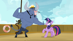 Size: 1920x1080 | Tagged: safe, screencap, character:iron will, character:twilight sparkle, character:twilight sparkle (alicorn), species:alicorn, species:pony, episode:once upon a zeppelin, g4, my little pony: friendship is magic, airship, captain hat, zeppelin