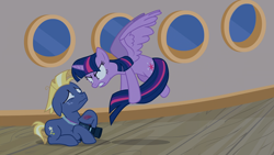 Size: 1920x1080 | Tagged: safe, screencap, character:star tracker, character:twilight sparkle, character:twilight sparkle (alicorn), species:alicorn, species:pony, episode:once upon a zeppelin, g4, my little pony: friendship is magic, airship, angry, camera, flying, freckles, holding tail, injured, prone, scared, short tail, zeppelin
