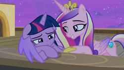 Size: 1920x1080 | Tagged: safe, screencap, character:princess cadance, character:twilight sparkle, character:twilight sparkle (alicorn), species:alicorn, species:pony, episode:once upon a zeppelin, g4, my little pony: friendship is magic, airship, floppy ears, hug, winghug, zeppelin
