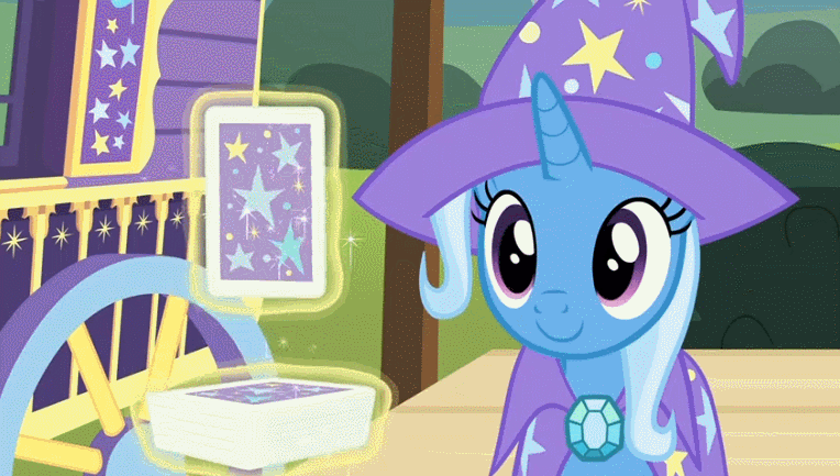 Size: 764x433 | Tagged: safe, screencap, character:trixie, species:pony, species:unicorn, episode:uncommon bond, g4, my little pony: friendship is magic, animated, c:, cape, clothing, cute, diabetes, diatrixes, female, gif, hat, head shake, implied sunburst, levitation, loop, magic, magic trick, mare, no, perfect loop, playing card, smiling, solo, telekinesis, weapons-grade cute
