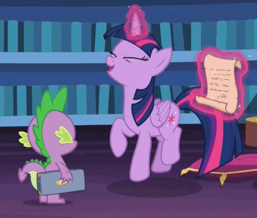Size: 500x425 | Tagged: safe, screencap, character:spike, character:twilight sparkle, character:twilight sparkle (alicorn), species:alicorn, species:dragon, species:pony, episode:once upon a zeppelin, g4, my little pony: friendship is magic, adorkable, animated, cute, dork, excited, gif, happy, levitation, library, loop, magic, prancing, scroll, telekinesis, trotting, trotting in place, twiabetes, twilight's castle