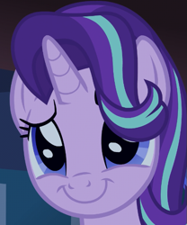Size: 477x574 | Tagged: safe, screencap, character:starlight glimmer, species:pony, species:unicorn, episode:uncommon bond, g4, my little pony: friendship is magic, blue eyes, c:, cute, glimmerbetes, hair flip, hair over one eye, horn, smiling, solo, weapons-grade cute