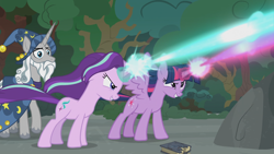 Size: 1920x1080 | Tagged: safe, screencap, character:star swirl the bearded, character:starlight glimmer, character:twilight sparkle, character:twilight sparkle (alicorn), species:alicorn, species:pony, episode:shadow play, g4, my little pony: friendship is magic, blast, glowing horn, magic, magic blast