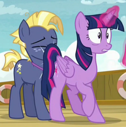 Size: 792x802 | Tagged: safe, screencap, character:star tracker, character:twilight sparkle, character:twilight sparkle (alicorn), species:alicorn, species:pony, episode:once upon a zeppelin, g4, my little pony: friendship is magic, bump, butt bump, cropped, out of context