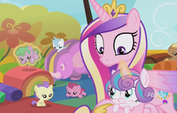 Size: 1105x706 | Tagged: safe, screencap, character:cranberry pit, character:cream puff, character:grape stem, character:princess cadance, character:princess flurry heart, species:pony, episode:once upon a zeppelin, g4, my little pony: friendship is magic, babies, baby, baby ponies, baby pony, cloudy winds, cotton chip, daughter, female, foal, levitation, magic, mother, mother and daughter, telekinesis