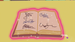 Size: 1366x768 | Tagged: safe, screencap, character:twilight sparkle, episode:once upon a zeppelin, g4, my little pony: friendship is magic, alan rickman, autograph, book, celine dion, david bowie, discovery family logo, elvis presley, magic, signature