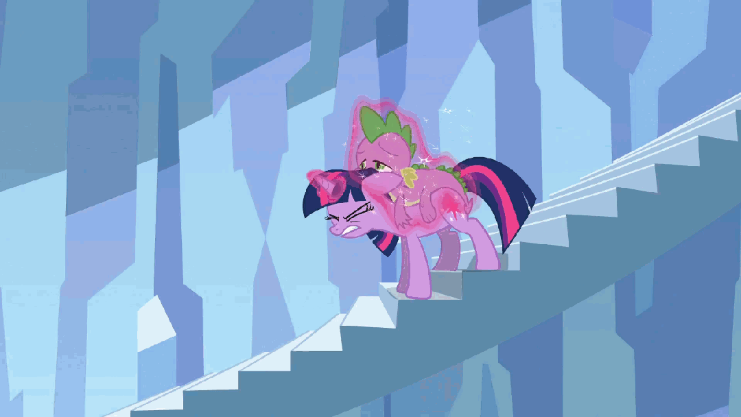 Size: 1080x608 | Tagged: safe, screencap, character:spike, character:twilight sparkle, species:dragon, episode:the crystal empire, g4, my little pony: friendship is magic, animated, gif, gravity, gravity spell, grunting, levitation, magic, ride, shine, slide, sparks, staircase, stairs, straining, surprised, telekinesis, upside down