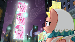 Size: 1920x1090 | Tagged: safe, screencap, character:pinkie pie, character:somnambula, species:earth pony, species:pegasus, species:pony, episode:shadow play, g4, my little pony: friendship is magic, bridleway, building, female, jumbotron, manehattan, mare, night, night sky, screen, sky