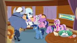 Size: 1920x1080 | Tagged: safe, screencap, character:iron will, character:night light, character:princess cadance, character:princess flurry heart, character:shining armor, character:twilight sparkle, character:twilight sparkle (alicorn), character:twilight velvet, species:alicorn, species:pony, episode:once upon a zeppelin, g4, my little pony: friendship is magic, captain hat, flurry heart is not amused, unamused