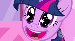 Size: 1280x705 | Tagged: safe, screencap, character:twilight sparkle, species:pony, species:unicorn, episode:lesson zero, g4, my little pony: friendship is magic, female, happy, hub logo, mare, open mouth, smiling, solo, wingding eyes