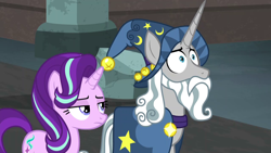 Size: 1280x720 | Tagged: safe, screencap, character:star swirl the bearded, character:starlight glimmer, species:pony, species:unicorn, episode:shadow play, g4, my little pony: friendship is magic, clothing, hat, well of shade