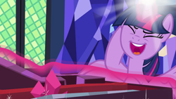 Size: 960x540 | Tagged: safe, screencap, character:twilight sparkle, character:twilight sparkle (alicorn), species:alicorn, species:pony, episode:uncommon bond, g4, my little pony: friendship is magic, board game, dragon pit, laughing, magic, shine, solo, telekinesis