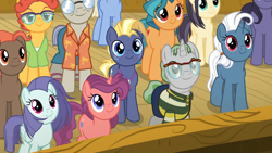 Size: 1920x1080 | Tagged: safe, screencap, character:agua fresca, character:chargrill breadwinner, character:lavender sunrise, character:lily peel, character:orange slice, character:star tracker, species:earth pony, species:pegasus, species:pony, species:unicorn, episode:once upon a zeppelin, g4, my little pony: friendship is magic, airship, cute, female, glasses, heart pacer, las pegasus resident, love sketch, male, mare, stallion, trackerbetes, unnamed pony, zeppelin