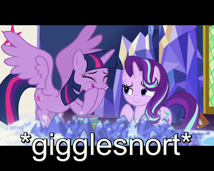 Size: 720x576 | Tagged: safe, screencap, character:starlight glimmer, character:twilight sparkle, character:twilight sparkle (alicorn), species:alicorn, species:pony, episode:shadow play, g4, my little pony: friendship is magic, animated, caption, cute, flying, gif, gif with captions, gigglesnort, giggling, image macro, meme, twiabetes
