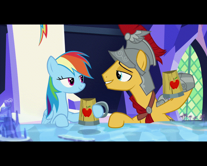 Size: 720x576 | Tagged: safe, screencap, character:flash magnus, character:rainbow dash, species:pegasus, species:pony, episode:shadow play, g4, my little pony: friendship is magic, animated, apple cider (drink), cheers, gif, toasting