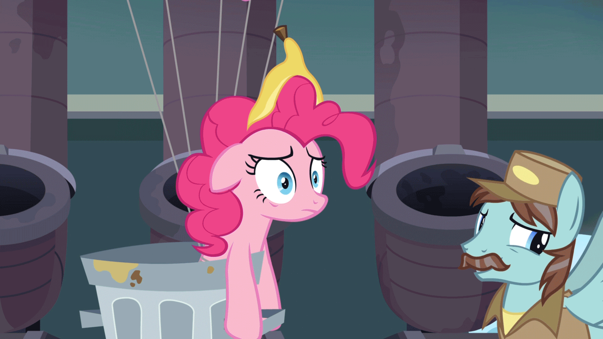 Size: 1920x1080 | Tagged: safe, screencap, character:pinkie pie, episode:secrets and pies, g4, my little pony: friendship is magic, 60s batman, adam west, animated, batman, batman '66, batman 66, food, gif, party cave, pie, reference, transition, trash can