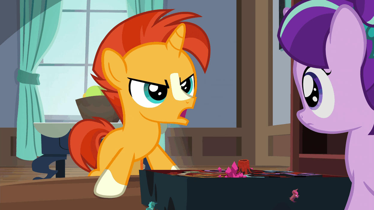 Size: 1248x702 | Tagged: safe, screencap, character:starlight glimmer, character:sunburst, species:pony, species:unicorn, episode:uncommon bond, g4, my little pony: friendship is magic, age regression, angry, animated, board game, colt, colt sunburst, crying, dragon pit, female, filly, filly starlight glimmer, gif, magic, male, sad, younger