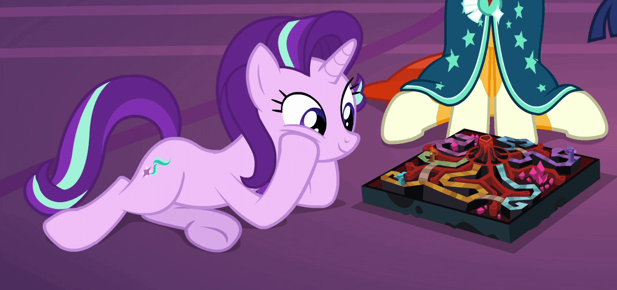 Size: 1210x568 | Tagged: safe, screencap, character:starlight glimmer, character:sunburst, character:twilight sparkle, species:pony, species:unicorn, episode:uncommon bond, g4, my little pony: friendship is magic, animated, board game, cute, dragon pit, fireball island, gif, glimmerbetes, lying down, solo focus, underhoof