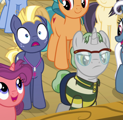 Size: 874x854 | Tagged: safe, screencap, character:star tracker, species:pony, episode:once upon a zeppelin, g4, my little pony: friendship is magic, airship, background pony, heart pacer, jewelry, love sketch, necklace, shrunken pupils, unnamed pony, zeppelin