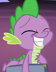 Size: 843x1080 | Tagged: safe, screencap, character:spike, species:dragon, episode:once upon a zeppelin, g4, my little pony: friendship is magic, baby, baby dragon, briefcase, cropped, cute, grin, happy, male, smiling, solo, spikabetes, teeth, twilight's castle