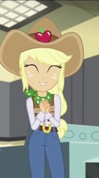Size: 252x450 | Tagged: safe, screencap, character:applejack, equestria girls:dance magic, g4, my little pony:equestria girls, belt, belt buckle, clothing, cowboy hat, cowgirl, cropped, cute, eyes closed, hat, jackabetes, jeans, pants, smiling, solo, stetson