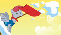 Size: 770x446 | Tagged: safe, screencap, species:pegasus, species:pony, episode:winter wrap up, g4, my little pony: friendship is magic, background pony, eyes closed, female, mare, mouth hold, recolor, red mane, shovel, ski doo, snow, snow shovel, solo, spread wings, weather team, wings, winter wrap up vest