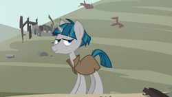 Size: 1920x1080 | Tagged: safe, screencap, character:stygian, episode:shadow play, g4, my little pony: friendship is magic, blinking, cape, cloak, clothing, lidded eyes, ruins, smug, solo